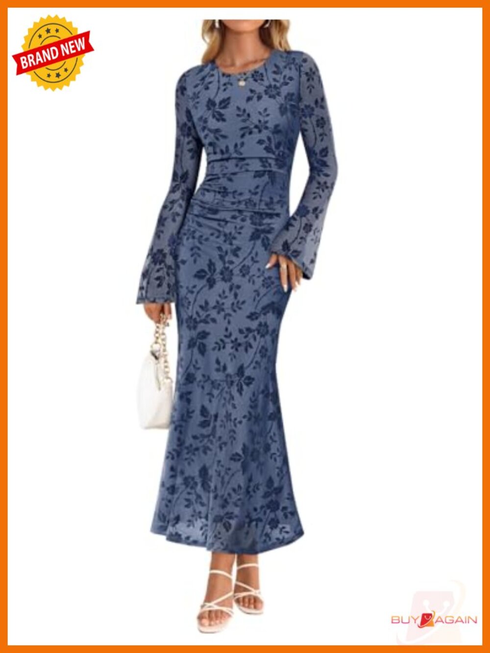 Womens Long Sleeve Floral Mesh Maxi Dress Ruched Formal
